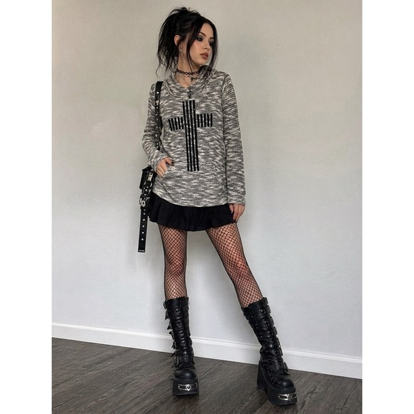 Vocal Tops - Y2K Goth VOCAL Cross Hoodie Womens Large Black White Embellished Bling Emo Top